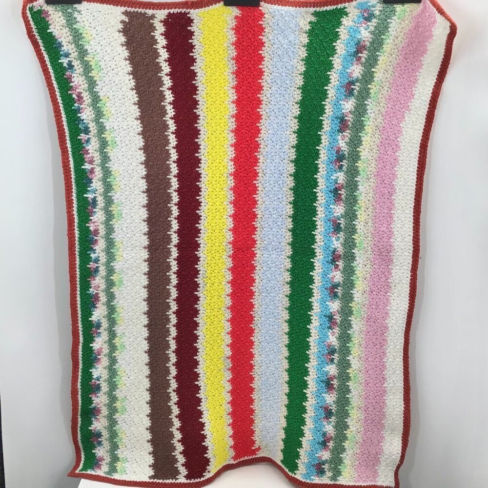 Vintage 1970s Retro Granny Baby Blanket Handmade MCM Colorful Striped Dopamine